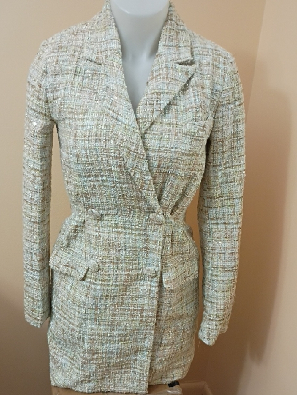 Womens Beige Tweed Blazer Coat - Elegant Button-Front Jacket